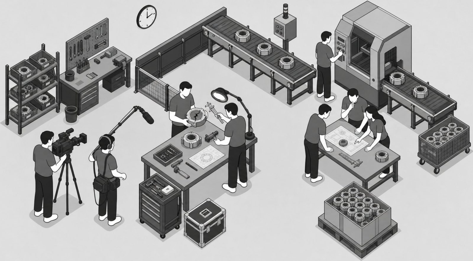 Dans un atelier, des techniciens mesurent une pièce fissurée pendant qu’une équipe de tournage documente la recherche de la cause.