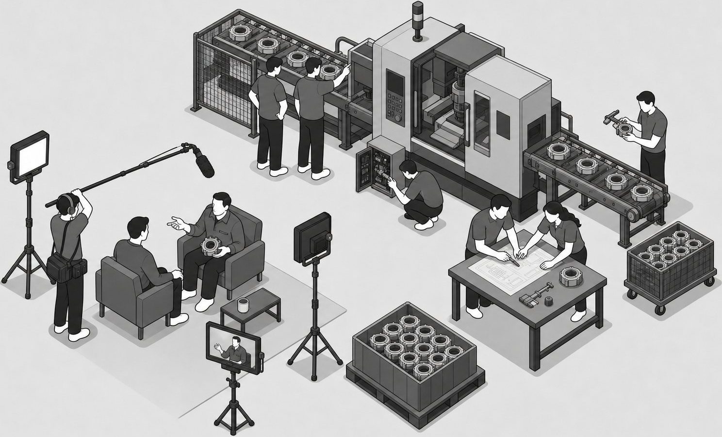 Une interview de responsable de production est filmée pendant que des techniciens mesurent une pièce et examinent une machine à l’arrêt.