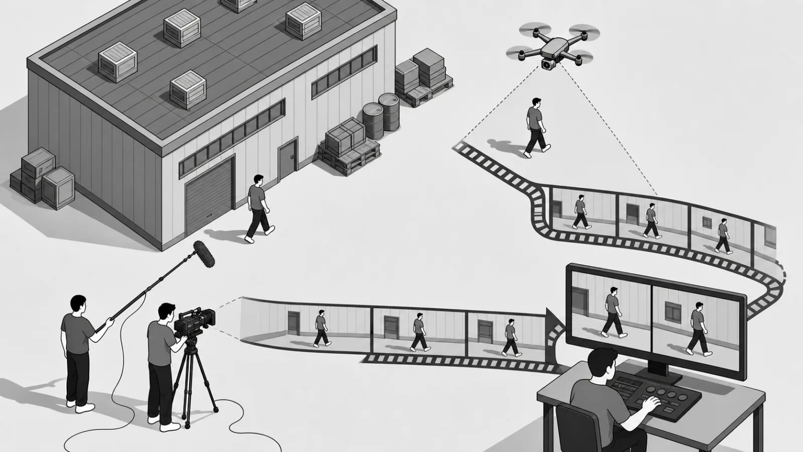 Illustration isométrique montrant un drone et une caméra au sol filmant la même personne.
