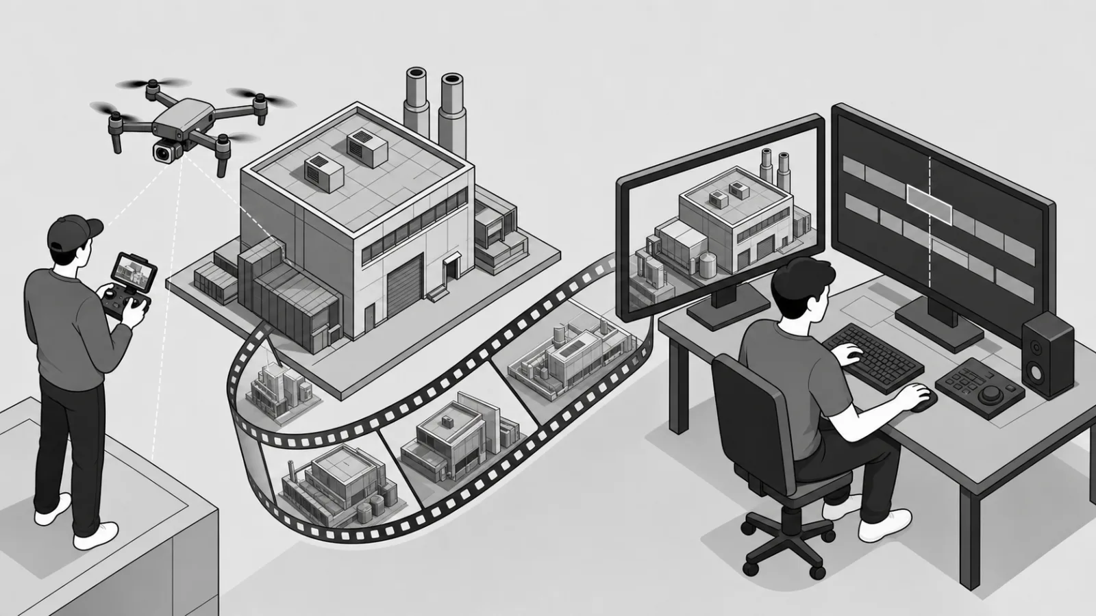 Illustration isométrique reliant un pilote de drone, un bâtiment filmé et une station de montage.