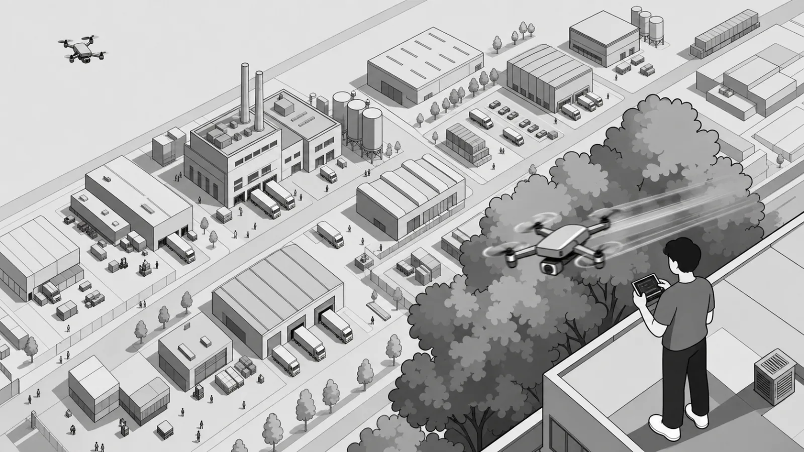 Illustration isométrique comparant un drone haut au-dessus d’une zone industrielle et un drone volant près d’un arbre et d’une toiture.